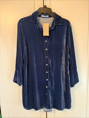 cut loose Button-Down Blouse Tunic - Jean Blue - Rayon & Silk